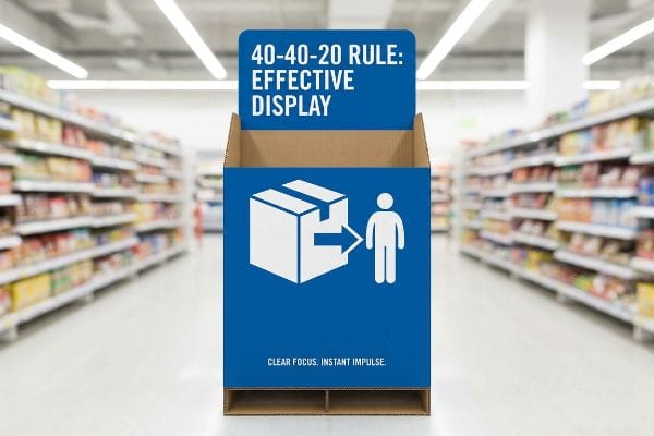 Blue cardboard end cap display in a supermarket, highlighting the "40-40-20 Rule: Effective Display" with a box-to-person icon and "Clear Focus. Instant Impulse." text.