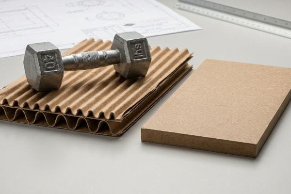 Dumbbell on Corrugated Flutes A 40 lbs dumbbell rests on two layers of brown corrugated fluted board, demonstrating load displacement next to a solid chipboard panel.