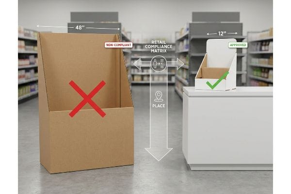 Retail Place Compliance Brown 48-inch Non Compliant floor display with red X, versus 12-inch Approved white counter display.