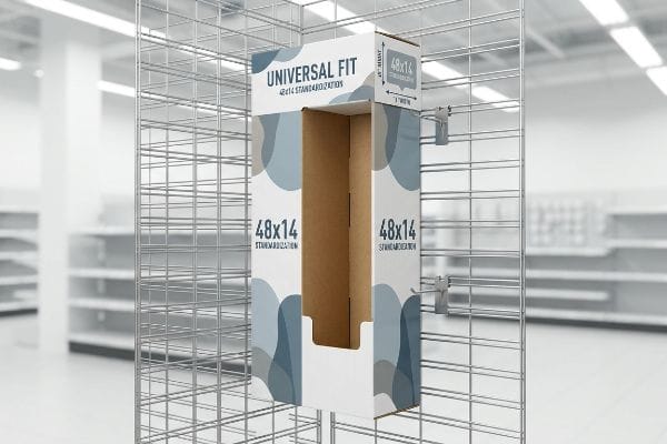 Cardboard Universal Fit 48x14 sidekick display on a retail wire grid, detailing 48" Height and 14" Width standardization.