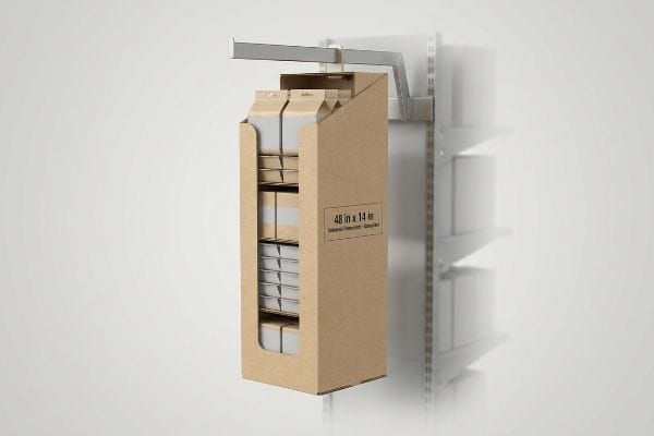 Brown corrugated power wing display, labeled 48 in x 14 in Universal Dimensions - Compliant, filled with products.