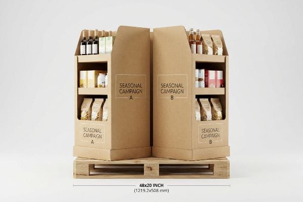 48x20 End Cap Display Brown corrugated 48x20 inch half-pallet displays, 'Seasonal Campaign A' and 'Seasonal Campaign B' back-to-back on a wooden pallet.