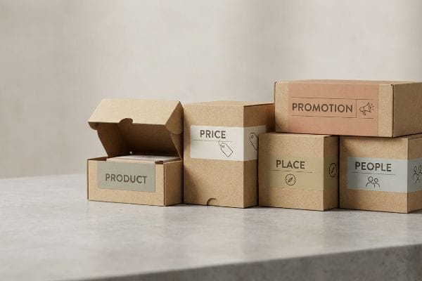 5 P's Retail Marketing Kraft cardboard boxes labeled Product, Price, Place, Promotion, and People, illustrating the 5 P's of retail marketing.