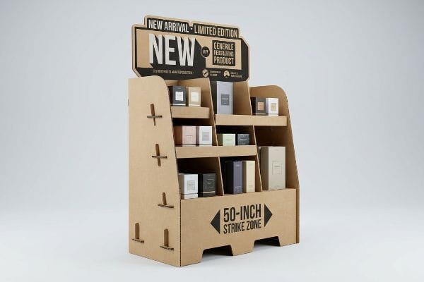 Virgin kraft board retail display with 'New Arrival - Limited Edition' header, showcasing Generile Feds & Ding products in the 50-inch strike zone.