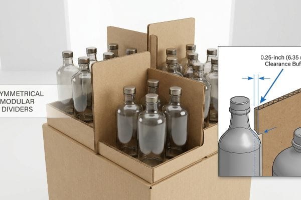 Brown corrugated cardboard display unit features Asymmetrical Modular Dividers, organizing clear glass bottles, with an inset showing a 0.25-inch (6.35 mm) Clearance Buffer between a bottle and divider.