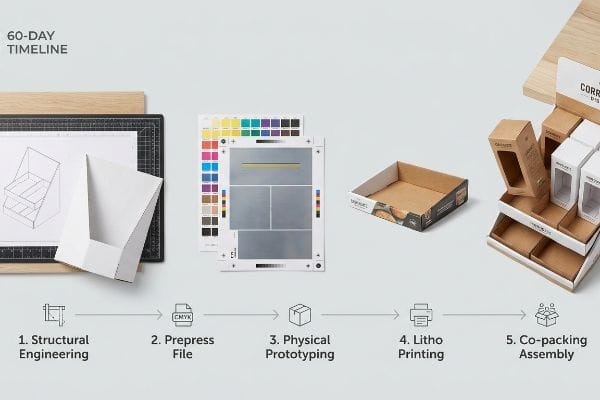 A 60-Day Timeline graphic shows five corrugated display steps: structural engineering, prepress, prototyping, litho printing, and co-packing.