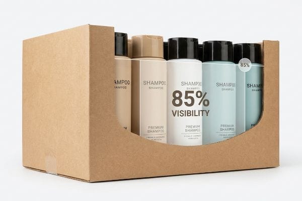 Shampoo PDQ 85% Visibilidade Expositor PDQ em papelão ondulado marrom com seis frascos de xampu, apresentando os rótulos "85% de Visibilidade" e "Xampu Premium".