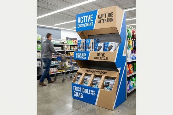 Active Engagement Display Cardboard retail POP display, blue accents, featuring "Active Engagement", "Drive Impulse Sales", and "Frictionless Grab" messaging.