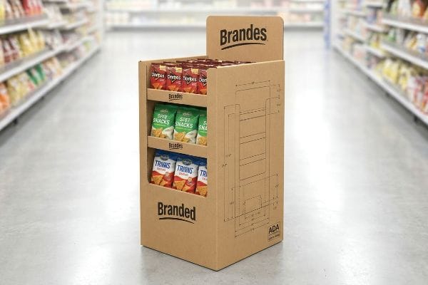 Kraft corrugated cardboard FSDU by Brandes displays Doritos, Spicy Snacks, and Trions chips, featuring Ada compliance blueprints.