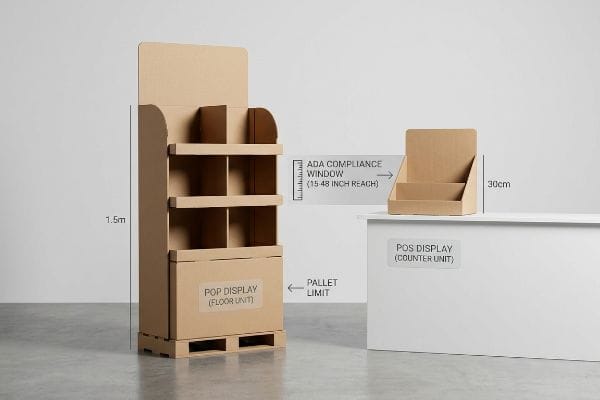 POP POS Retail Compliance Cardboard POP Floor Unit (1.5m) and POS Counter Unit (30cm), with ADA Compliance Window (15-48 Inch Reach) and Pallet Limit.