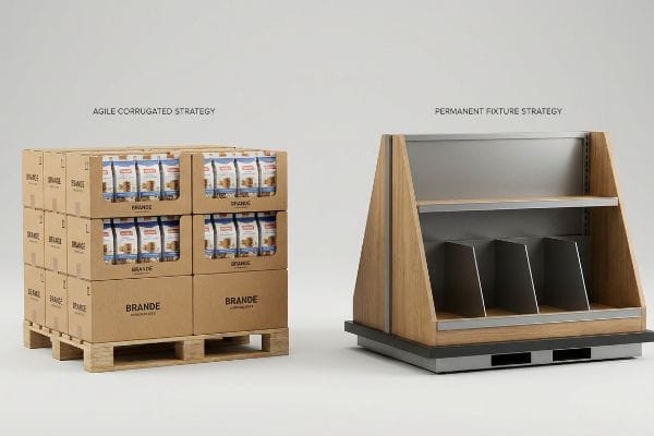 Agile Corrugated Strategy with Brande Organic boxes on a pallet contrasted with a Permanent Fixture Strategy display.