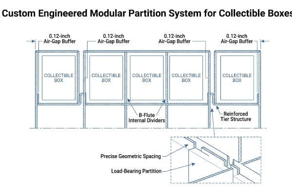 Engineered Partition System Technical diagram of a modular partition system for collectible boxes, featuring 0.12-inch air-gap buffers, B-flute internal dividers, reinforced tier structure, and load-bearing partitions.