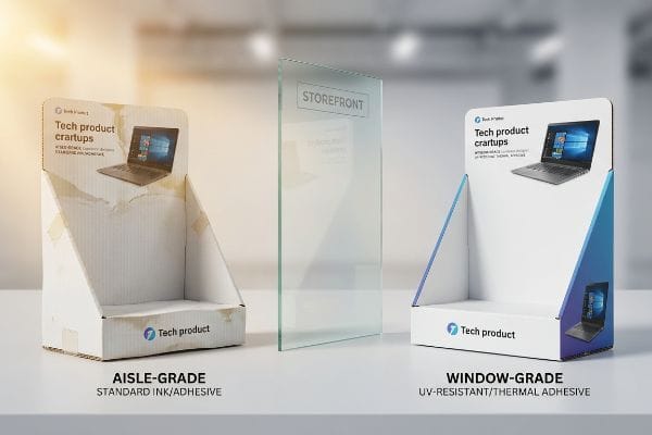 Aisle vs Window Display Aisle-Grade (Standard Ink/Adhesive) and Window-Grade (UV-Resistant/Thermal Adhesive) displays by Storefront.
