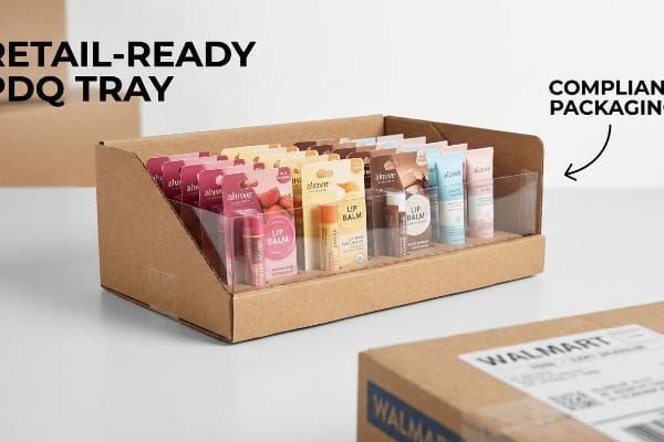 Walmart PDQ Lip Balms A retail-ready PDQ tray showcases Aluve lip balms in diverse flavors, featuring a clear plastic front and labeled "Retail-Ready PDQ Tray" and "Compliant Packaging" for Walmart.
