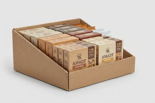 A brown cardboard PDQ display tray filled with Amade Veggiebite and Nutrifiber 1-50 Packs, ready for retail shelves.