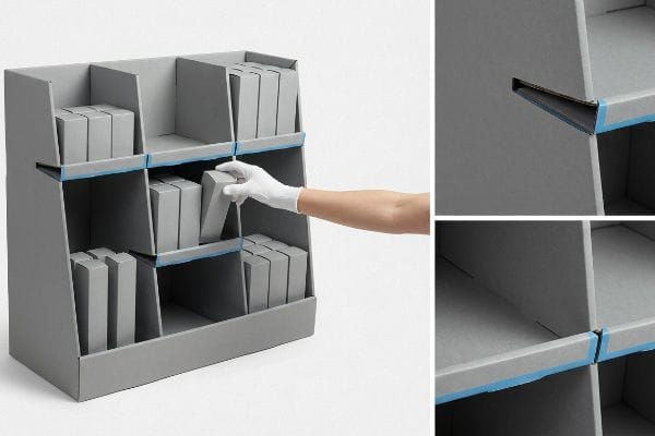 Gray paperboard retail display with blue structural clearance, showing a hand restocking boxes into angled modular dividers.