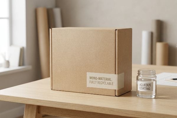Recyclable Packaging Aqueous Coating Cardboard box with a 'Mono-Material: Fully Recyclable' label next to a jar of 'Aqueous Coating' on a wooden table.
