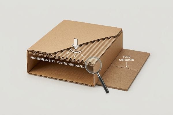 Detailed view of fluted corrugated cardboard's Arched Geometry absorbing vertical top-load pressure, contrasted with Solid Chipboard.
