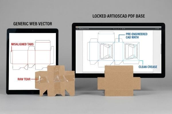 Dieline Quality Comparison Generic Web Vector dieline with Misaligned Tabs, Raw Tear vs. Locked ArtiosCAD PDF Base, Pre-Engineered CAD Math, Clean Crease.