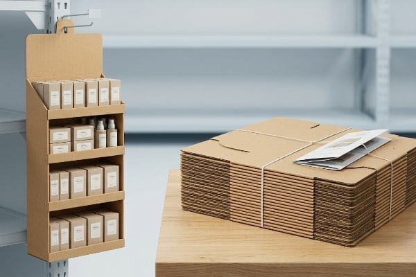 Sidekick Display Assembly Options A retail setting shows a pre-assembled cardboard sidekick display filled with products next to a stack of flat-packed display units, illustrating assembly options.