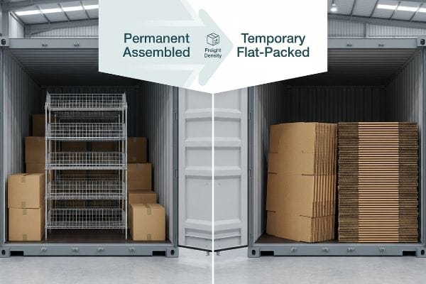 Comparaison de la densité du fret Un conteneur d'expédition divisé en deux, montrant des rayonnages métalliques assemblés de façon permanente par rapport à des boîtes en carton ondulé livrées à plat de façon temporaire, mettant en évidence la densité du fret.
