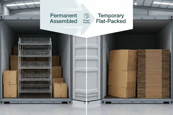 A shipping container split, showing Permanent Assembled wire racks versus Temporary Flat-Packed corrugated boxes, highlighting Freight Density.