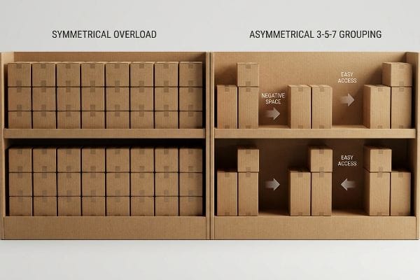 Brown cardboard shelves illustrate two product merchandising strategies: Symmetrical Overload versus Asymmetrical 3-5-7 Grouping with Negative Space and Easy Access.