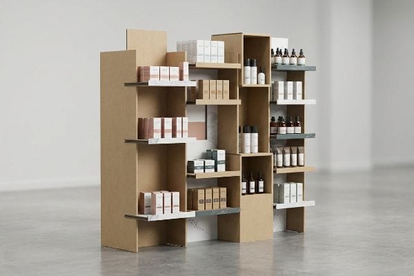 Modular kraft paper retail display with asymmetrical shelving and white, grey accents, showcasing diverse cosmetic products and bottles.