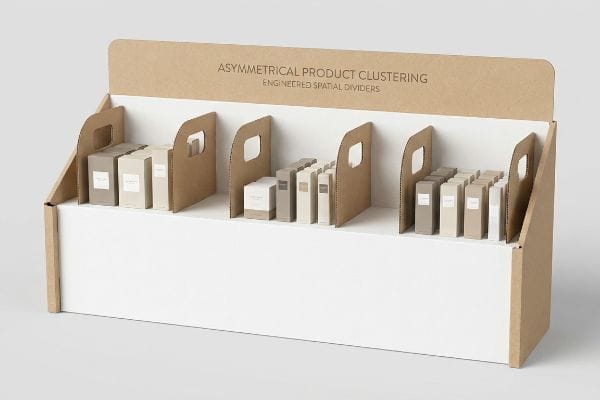 Kraft paper display featuring Asymmetrical Product Clustering and Engineered Spatial Dividers, organizing small product boxes.