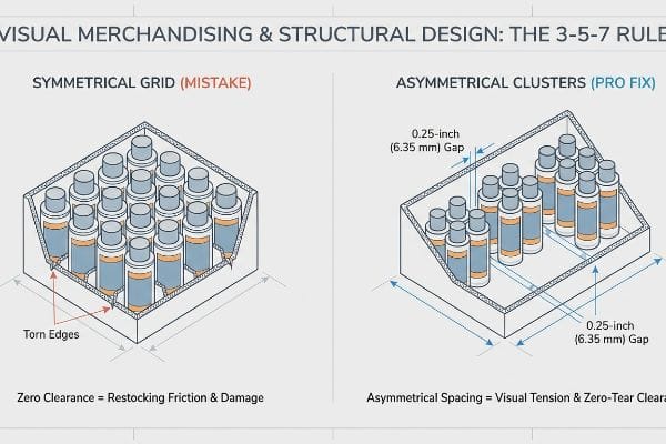 An illustrative diagram compares Symmetrical Grid (Mistake) product packing with zero clearance causing Torn Edges, against Asymmetrical Clusters (Pro Fix) showing 0.25-inch (6.35 mm) gaps for zero-tear visual merchandising.