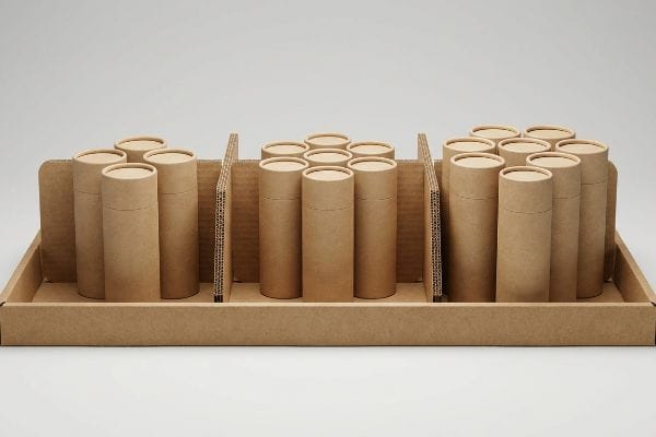 Brown kraft paper cylindrical tubes in a modular cardboard retail display tray with dividers, showcasing asymmetrical product grouping.
