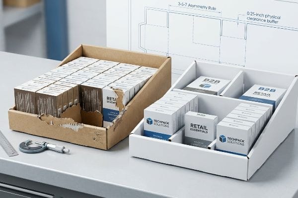 Display Friction Engineering Damaged display, tight Retail Essentials boxes. Engineered white display, micrometer, 3-5-7 Asymmetry Rule blueprint.