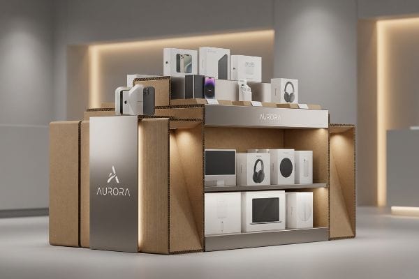 Aurora Retail Product Display Illuminated Aurora retail display made of cardboard and metal, showcasing electronics like smartphones, headphones, and smartwatches on tiered shelves.