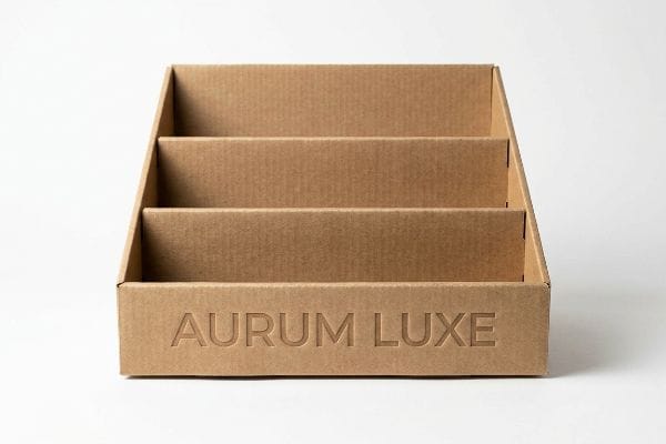 Brown corrugated cardboard tiered PDQ display featuring 'Aurum Luxe' debossed on the front panel.