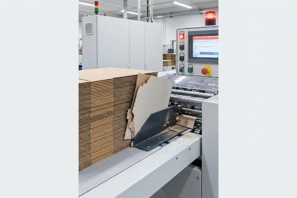 Corrugated cardboard sheets stacked beside an industrial packaging machine displaying a red warning light on its control panel, suggesting an automated line jam.