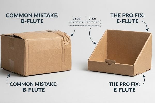 Crumpled B-Flute box (Common Mistake) vs. neat E-Flute display (The Pro Fix). Flute diagram.