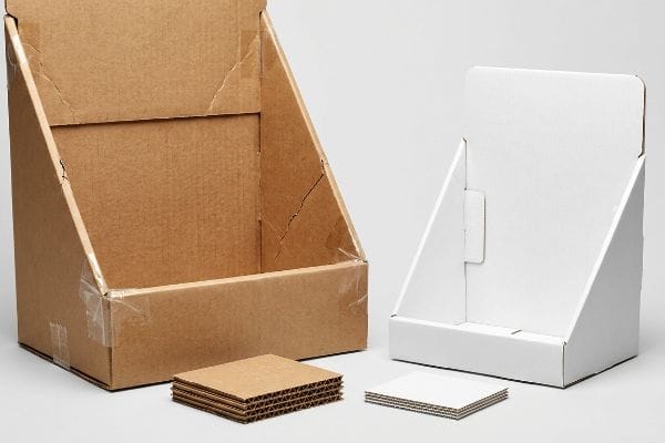 Displays PDQ de papelão ondulado Display PDQ em papelão ondulado marrom tipo B e display de balcão em papelão ondulado branco tipo E com folhas de papelão empilhadas.
