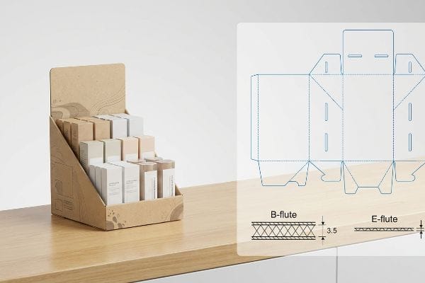 Countertop Display Flute Types A brown corrugated cardboard countertop display filled with product boxes, shown with a box dieline and cross-sections of B-flute (3.5mm) and E-flute materials.