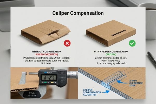 B-flute corrugated board thickness of 2.79mm measured by a micrometer, illustrating failed packaging without Caliper Compensation versus a successful fit with 2.4mm clearance.