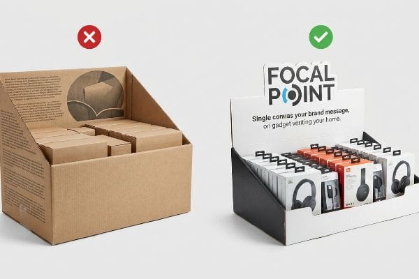 Corrugated cardboard display with plain boxes contrasted by a Focal Point retail display featuring JBL headphones.