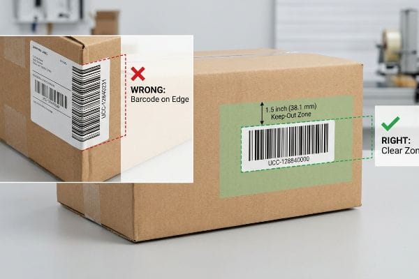 Barcode Placement Guide Corrugated box shows correct UCC-128 barcode with 1.5 inch (38.1 mm) Keep-Out Zone, contrasting 'Wrong: Barcode on Edge'.