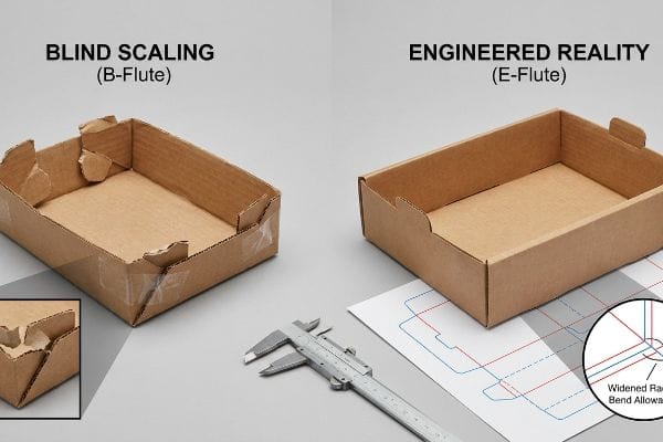 Corrugated trays: Blind Scaling (B-Flute) torn, taped; Engineered Reality (E-Flute) clean. Caliper, dieline shows Widened Bend Allowance.