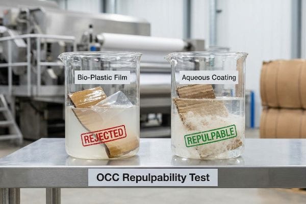 OCC再パルプ性試験 OCCの再パルプ化性試験では、段ボールを含む「バイオプラスチックフィルム」は不合格と判定され、段ボールを含む「水性コーティング」は再パルプ化可能であると判定された。.