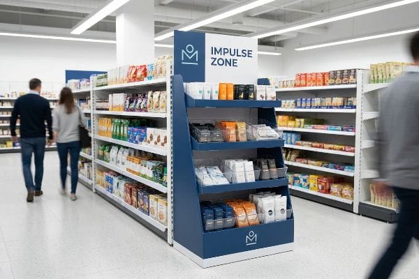 Impulse Zone Retail Display Blue Impulse Zone retail display with clear bins, strategically placed in a bright grocery aisle to trigger impulse conversions.