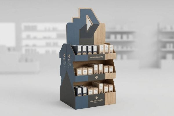 Premium Selects Display Cardboard retail display, blue and kraft, with wood-grain accents, showcasing Premium Selects products on three shelves and a D logo.