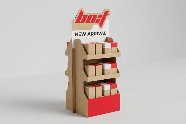 Kraft corrugated POP display with red 'Boif' header, 'New Arrival' sign, and three shelves of brown-red product boxes.