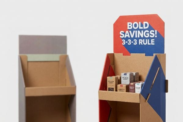 Brown cardboard retail display with an angled header promoting 'Bold Savings! 3-3-3 Rule' and 'Premium Goods' boxes, next to an empty stand.
