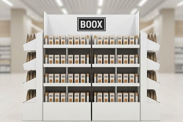 Boox Endcap Display White corrugated endcap display featuring Boox branding, modular shelves stocked with small cardboard boxes, and side panels holding brown paper bags.