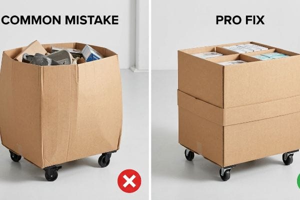 Corrugated mobile bin comparison: Common Mistake shows bowed walls from heavy items; Pro Fix uses internal dividers for stable geometry.