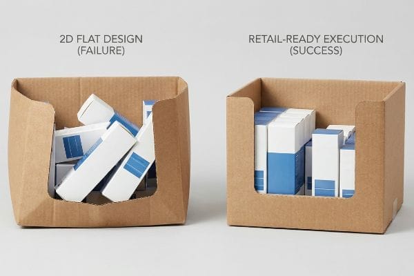 2D vs Retail Execution Corrugated display trays: 2D Flat Design (Failure) shows messy products, Retail-Ready Execution (Success) has neat, square boxes.